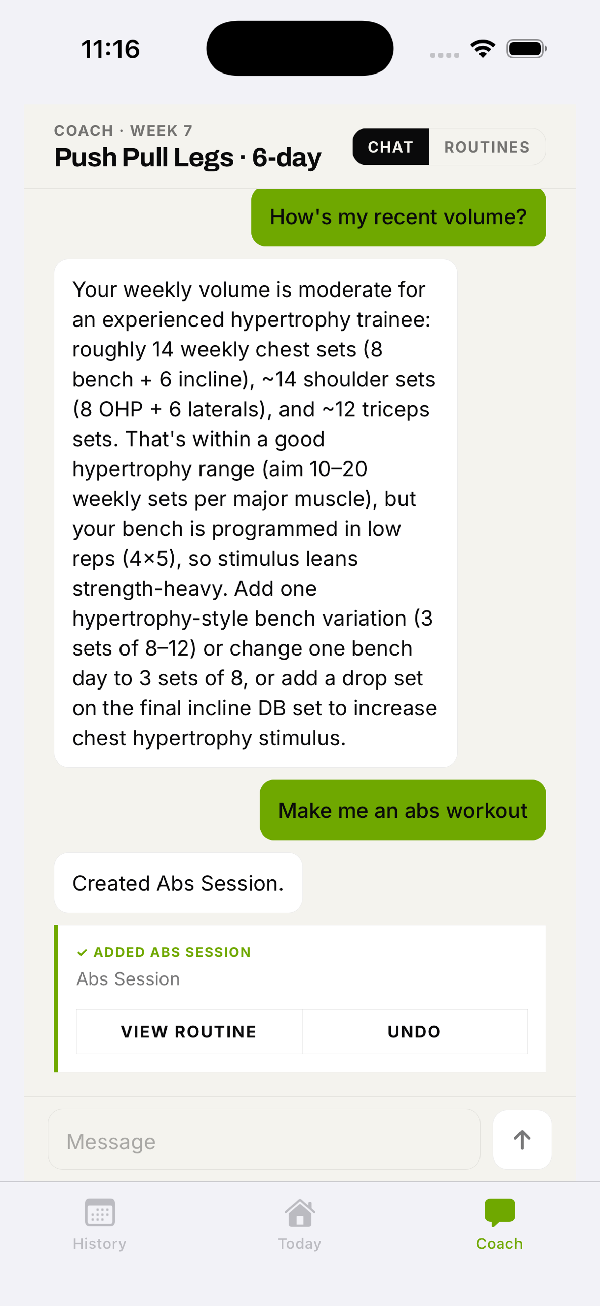 Coach chat — ask to swap a lift or deload a week and the program updates.